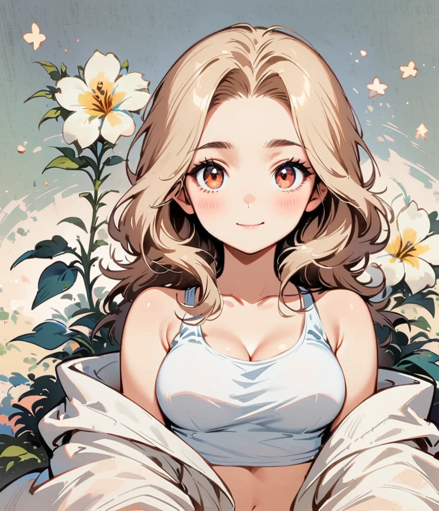 Reduce your breasts、Gardenia flower、large white flowers、Cartoon style character design，1 Girl, alone，Cool expression，Tank top，Clean Lines