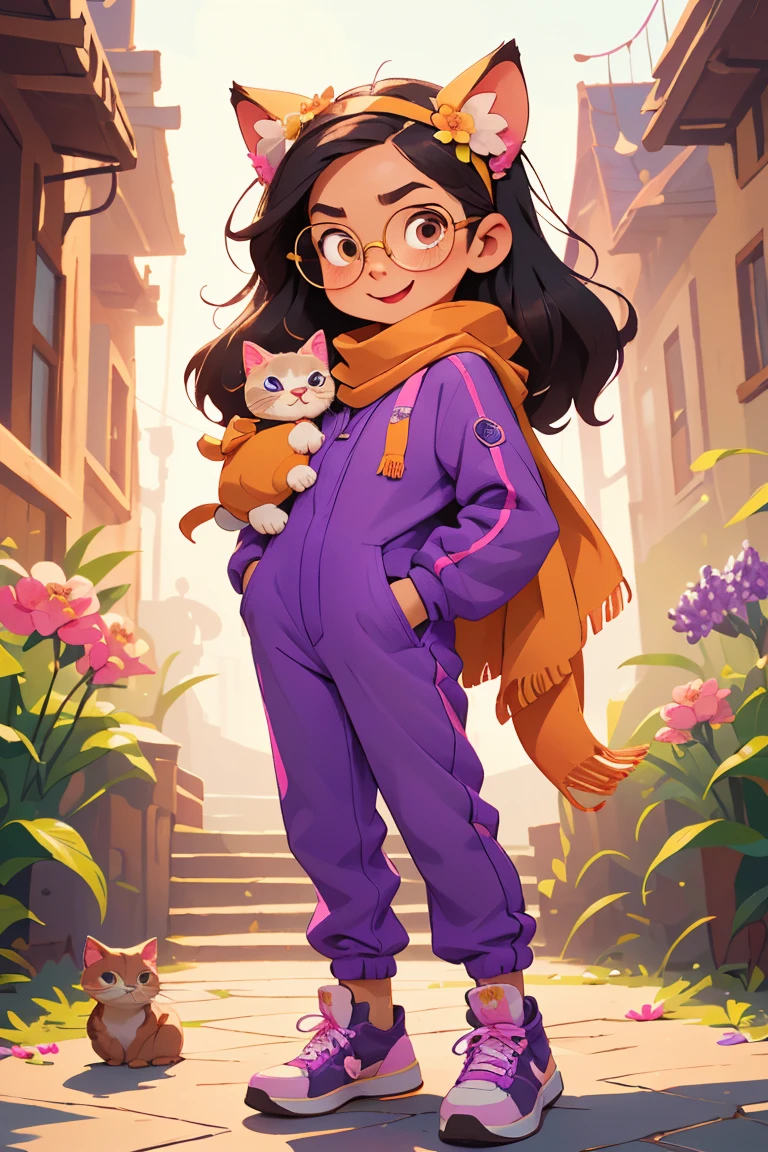 ((best quality)), ((Artwork)), (detailed), A stunning high-quality 8K cartoon illustration featuring a enchanter and her adorable kitten. ((The girl, has long black hair, slanted brown eyes, a flower in her hair, dressed in a matching pink and purple jumpsuit, wears glasses and sneakers)). ((The charming kitten has white and orange fur, sports an extravagant flower headband and wears an adorable purple and yellow scarf, accessorized with stylish sneakers)). Her cheerful expression and playful demeanor capture her adventurous spirit. The background exudes a dreamy and warm atmosphere with a golden glow, enhancing the magical ambiance of the scene. The intricate details, vibrant colors, and professional finish of this 3D illustration make it truly captivating, immersing viewers in the animated world of this charming duo., illustration