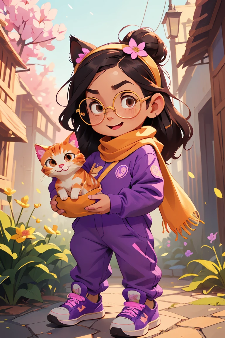 ((best quality)), ((Artwork)), (detailed), A stunning high-quality 8K cartoon illustration featuring a enchanter and her adorable kitten. ((The girl, has long black hair, slanted brown eyes, a flower in her hair, dressed in a matching pink and purple jumpsuit, wears glasses and sneakers)). ((The charming kitten has white and orange fur, sports an extravagant flower headband and wears an adorable purple and yellow scarf, accessorized with stylish sneakers)). Her cheerful expression and playful demeanor capture her adventurous spirit. The background exudes a dreamy and warm atmosphere with a golden glow, enhancing the magical ambiance of the scene. The intricate details, vibrant colors, and professional finish of this 3D illustration make it truly captivating, immersing viewers in the animated world of this charming duo., illustration