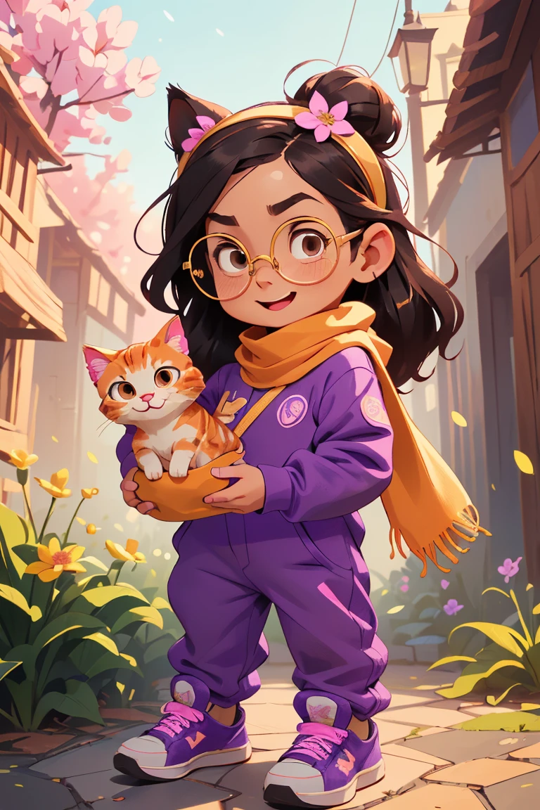 ((mejor calidad)), ((obra de arte)), (detallado), A stunning high-quality 8K cartoon ilustración featuring a enchanter and her adorable kitten. ((la mujer, Tiene el pelo largo y negro, ojos marrones rasgados, una flor en su pelo, vestido con un mono rosa y morado a juego, lleva gafas y zapatillas de deporte)). ((El encantador gatito tiene pelaje blanco y naranja., luce una extravagante diadema de flores y usa una adorable bufanda morada y amarilla., complementado con zapatillas elegantes)). Su expresión alegre y su comportamiento juguetón capturan su espíritu aventurero.. El fondo irradia una atmósfera cálida y de ensueño con un brillo dorado., realzando el ambiente mágico de la escena. Los intrincados detalles, Colores vibrantes, and professional finish of this 3D ilustración make it truly captivating, sumergiendo a los espectadores en el mundo animado de este encantador dúo., ilustración