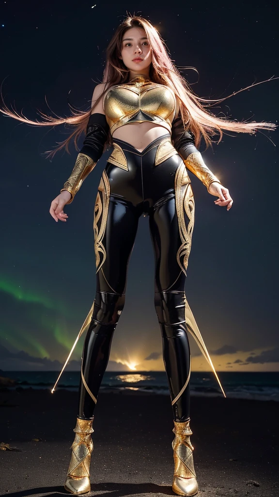 ((best quality)), ((masterpiece)), (ultra detailed lights), ((full body:1.3)), ((skinny body)), 1girl, extremely beautiful, ((slim body)), thighs gap, ultra face details, 20 years old, ((pink curvy-hair)), ((hair blown by strong winds :1.3)), Award-winning photograph, ((symmetrical pose)), ((full body golden black armor)), posing in the middle, intricate details, ((thight golden armour)), ((extremely details armor)), ((tight latex pants)), ((24k-gold armor)), ((edge luminous armor)), cameltoe, luminescent, epic lights reflections, at beach, full of stars, orange clouds, nebula sky, epic aurora borealis in the background, shooting stars, ((from below))