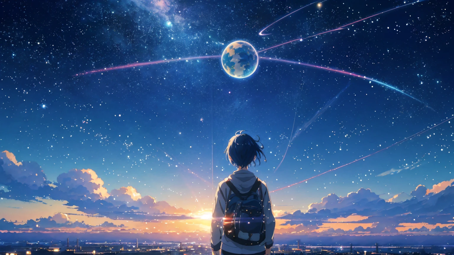 Schöne Anime-Szene am Himmel mit Sternen und Planeten, Weltraumhimmel. von Makoto Shinkai, Anime-Kunst-Hintergrundbild 4k, Anime-Kunst-Hintergrundbild 4k, Anime-Kunst-Hintergründe 8K, Anime-Hintergrundbild 4k, Anime-Hintergrundbild 4k, 4K-Anime-Hintergrundbild, Anime Himmel, Tolle Hintergrundbilder, Anime-Hintergrund, Himmlische Planeten im Hintergrund, Anime-Hintergrund art no humans landscape