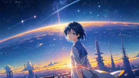 Beautiful sky anime scene with stars and planets, Space Sky. by Makoto Shinkai, anime art wallpaper 4k, anime art wallpaper 4k, ...