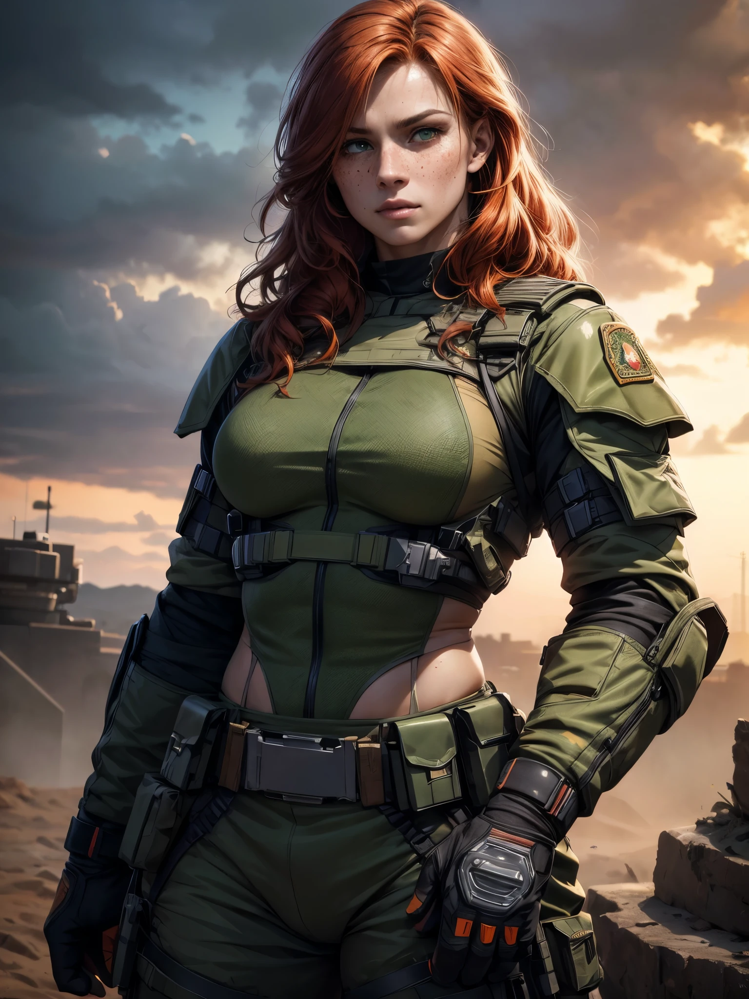 a red-haired girl with pale skin and freckles, long curly light orange hair, emerald green eyes with a sarcastic expression, muscular body wearing modern Brazilian military combat costumes, highly detailed and expressive face, (best quality,4k,8k,highres,masterpiece:1.2),ultra-detailed,(realistic,photorealistic,photo-realistic:1.37),portrait,concept art,dramatic lighting,vivid colors,intricate details