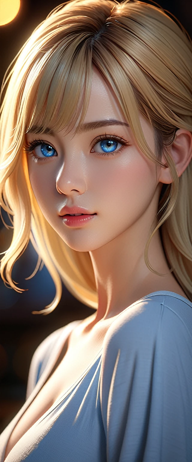 mejor calidad, obra maestra, Alta resolución, Retrato, Práctico, blue eyes, rubio, pechos grandes, resolución 8k, alta calidadCG, Hermoso CG, luz tenue, Efecto Tyndall, natural, iluminación de dos colores, iluminación lateral, (Piel HD:1.2), 8K UltraHD, alta calidad, iluminación volumétrica, admitir, fotografía, 超Alta resolución, 8K, bokeh, poca profundidad de campo