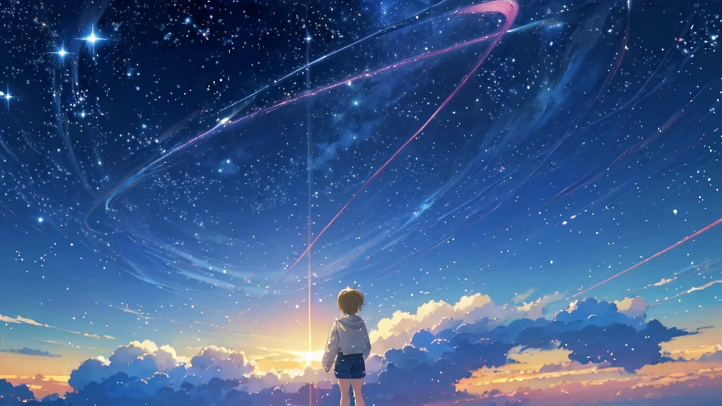 Beautiful sky anime scene with stars and planets, Space Sky. by Makoto Shinkai, anime art wallpaper 4k, anime art wallpaper 4k, Anime Art Wallpapers 8K, anime wallpaper 4k, anime wallpaper 4k, 4k anime wallpaper, Anime Sky, Awesome Wallpapers, Anime Background, Heavenly planets in the background, Anime Background art no humans landscape、Blonde、Shortcuts、Pink hoodie、Denim shorts、Black sneakers、Cat ear