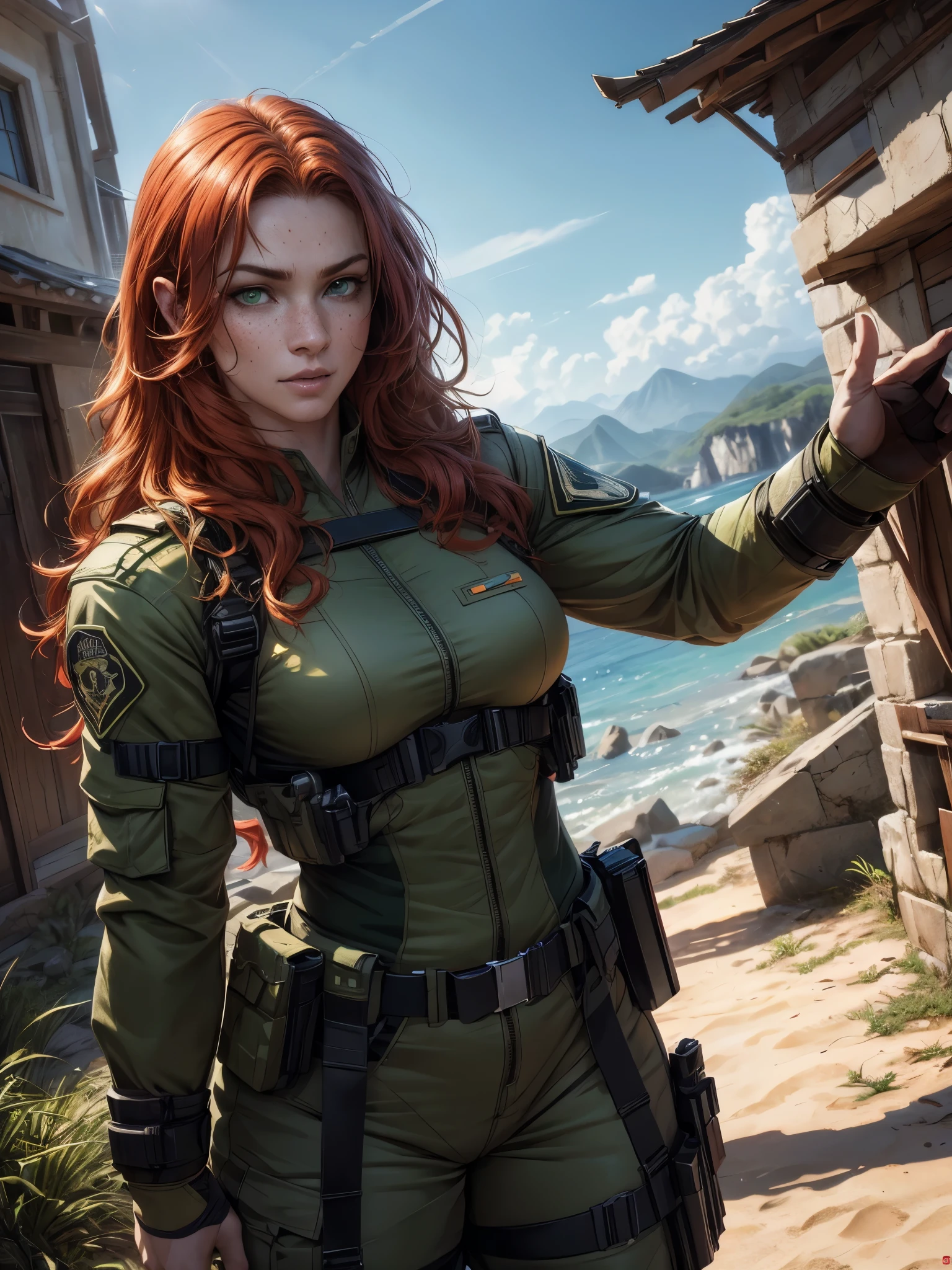 a red-haired girl with pale skin and freckles, long curly light orange hair, emerald green eyes with a sarcastic expression, muscular body wearing modern Brazilian military combat costumes, highly detailed and expressive face, (best quality,4k,8k,highres,masterpiece:1.2),ultra-detailed,(realistic,photorealistic,photo-realistic:1.37),portrait,concept art,dramatic lighting,vivid colors,intricate details, (Avoid deformed and poorly drawn eyes)