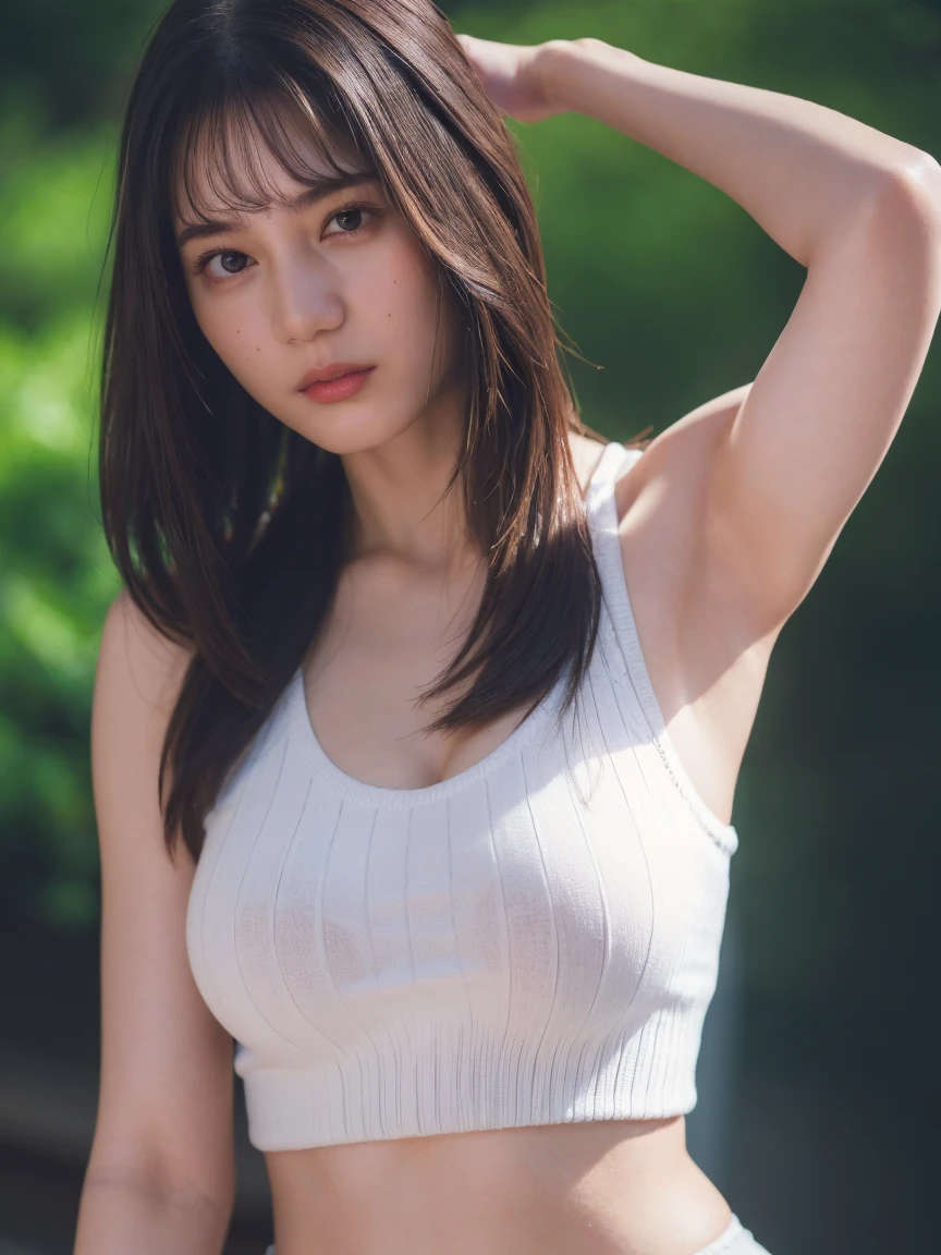 (best quality:1.4), (ultra highres:1.2), (photorealistic:1.4), (16k, RAW photo:1.2),(portrait shot:1.3), bmangpor, 1girl, solo, long hair, brown hair, upper body, white smooth armpits, one arm up, knit tank top,  big breast,