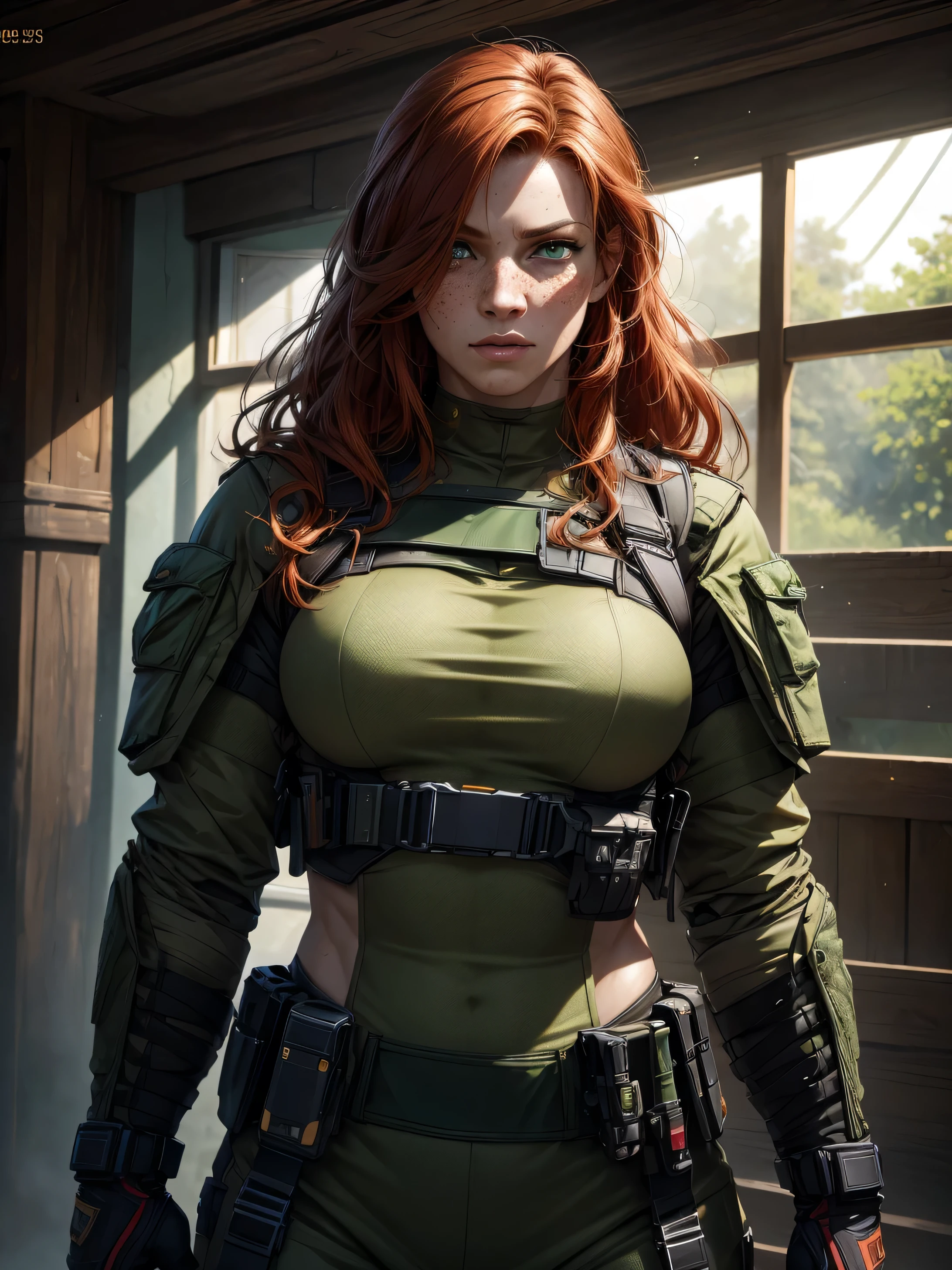 a red-haired girl with pale skin and freckles, long curly light orange hair, emerald green eyes with a sarcastic expression, muscular body wearing modern Brazilian military combat costumes, highly detailed and expressive face, (best quality,4k,8k,highres,masterpiece:1.2),ultra-detailed,(realistic,photorealistic,photo-realistic:1.37),portrait,concept art,dramatic lighting,vivid colors,intricate details, (Avoid deformed and poorly drawn eyes)