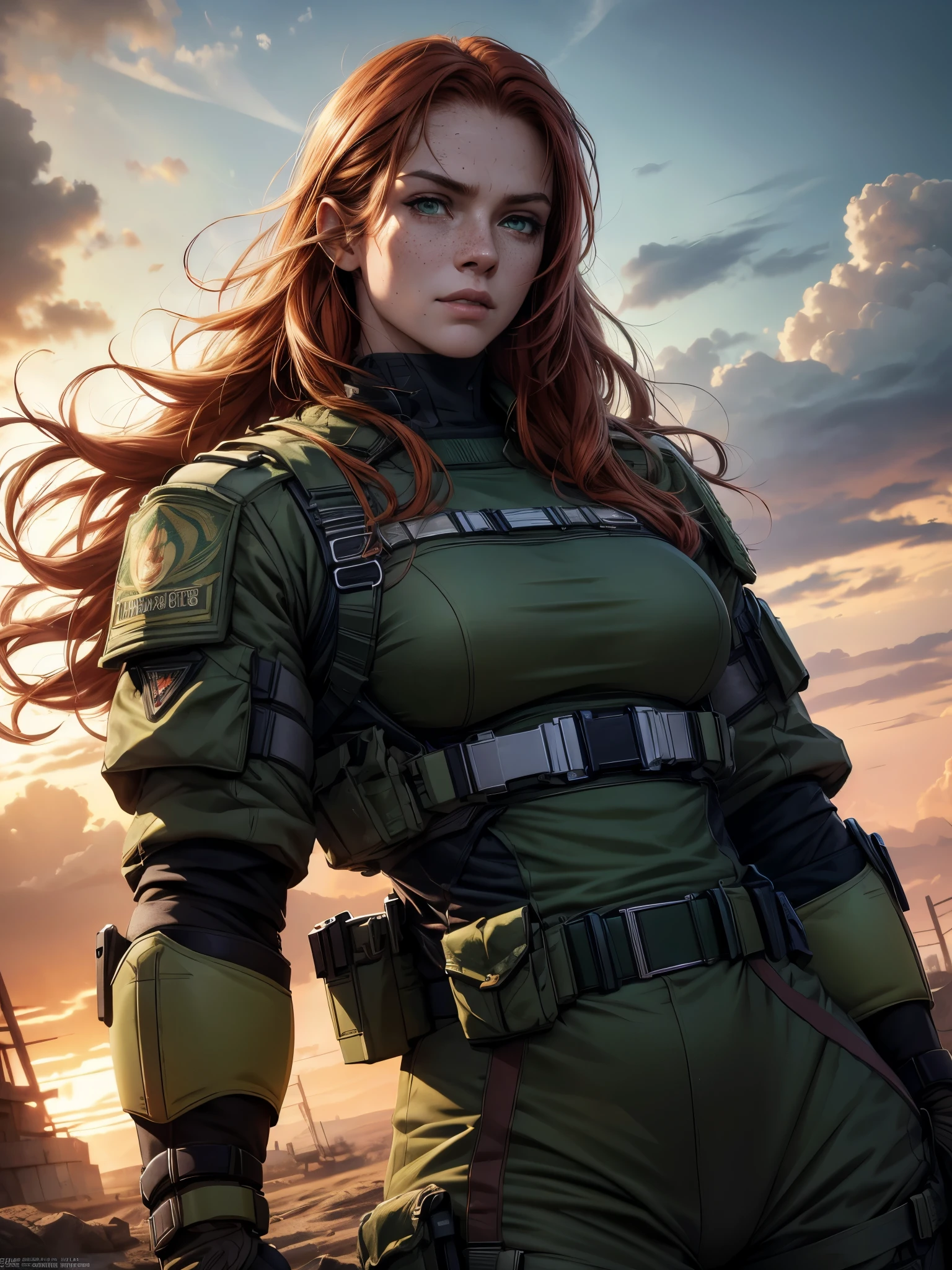 a red-haired girl with pale skin and freckles, long curly light orange hair, emerald green eyes with a sarcastic expression, muscular body wearing modern Brazilian military combat costumes, highly detailed and expressive face, (best quality,4k,8k,highres,masterpiece:1.2),ultra-detailed,(realistic,photorealistic,photo-realistic:1.37),portrait,concept art,dramatic lighting,vivid colors,intricate details, (Avoid deformed and poorly drawn eyes)