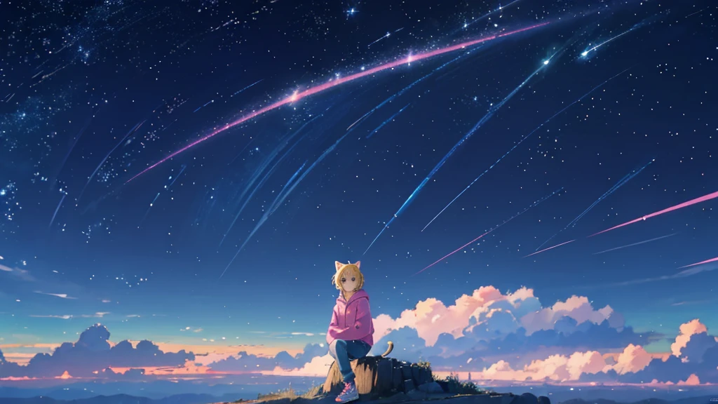 Pink hoodie、Beautiful sky anime scene with stars and planets, Space Sky. by Makoto Shinkai, anime art wallpaper 4k, anime art wallpaper 4k, Anime Art Wallpapers 8K, anime wallpaper 4k, anime wallpaper 4k, 4k anime wallpaper, Anime Sky, Awesome Wallpapers, Anime Background, Heavenly planets in the background, Anime Background art no humans landscape、Blonde、Shortcuts、Pink hoodie、Denim shorts、Black sneakers、Cat ear