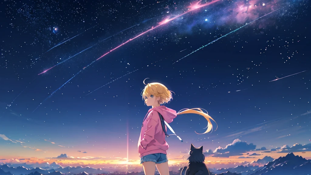 Pink hoodie、Beautiful sky anime scene with stars and planets, Space Sky. by Makoto Shinkai, anime art wallpaper 4k, anime art wallpaper 4k, Anime Art Wallpapers 8K, anime wallpaper 4k, anime wallpaper 4k, 4k anime wallpaper, Anime Sky, Awesome Wallpapers, Anime Background, Heavenly planets in the background, Anime Background art no humans landscape、Blonde、Shortcuts、Pink hoodie、Denim shorts、Black sneakers、Cat ear