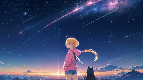 Pink hoodie、Beautiful sky anime scene with stars and planets, Space Sky. by Makoto Shinkai, anime art wallpaper 4k, anime art wa...