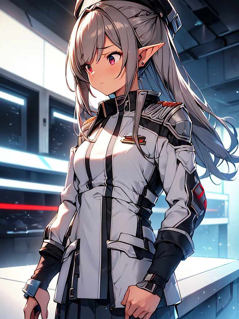 masterpiece, best quality, 8k, (highly detailed 3D rendering of a character named Ulc from SEGA's PSO2), elf-like female with pointed ears, (small gray woman's Garrison cap), (long straight dark red hair), (gray futuristic military-style uniform, including a fitted jacket with intricate white designs, shoulder epaulets, and a skirt), (annoyed, stupefied), (one hand near her ear as if she is communicating through a device), looking away, sunshine, (shiny skin)