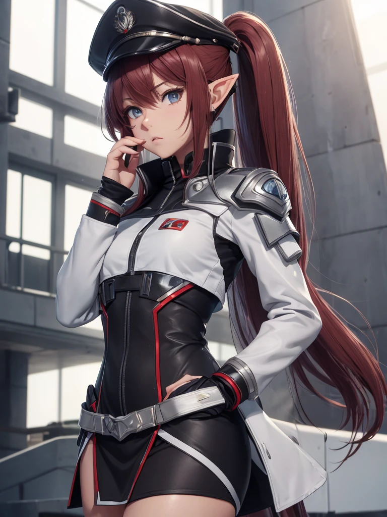 masterpiece, best quality, 8k, (highly detailed 3D rendering of a character named Ulc from SEGA's PSO2), elf-like female with pointed ears, (small gray woman's Garrison cap), (long straight dark red hair), (gray futuristic military-style uniform, including a fitted jacket with intricate white designs, shoulder epaulets, and a skirt), (annoyed, stupefied), (one hand near her ear as if she is communicating through a device), looking away, sunshine, (shiny skin)