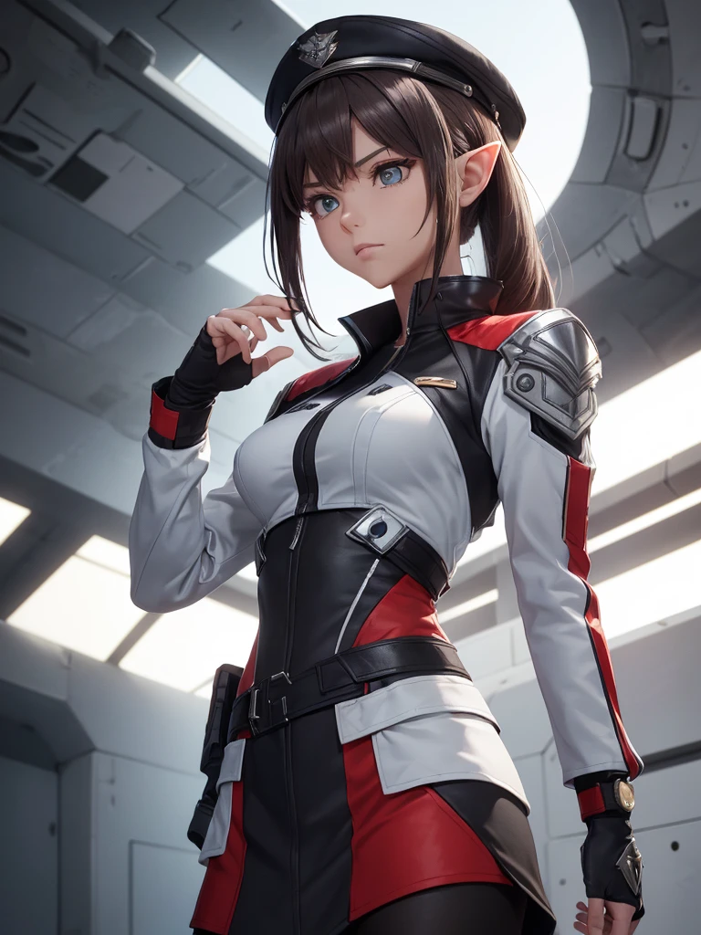 masterpiece, best quality, 8k, (highly detailed 3D rendering of a character named Ulc from SEGA's PSO2), elf-like female with pointed ears, (small gray woman's Garrison cap), (long straight dark red hair), (gray futuristic military-style uniform, including a fitted jacket with intricate white designs, shoulder epaulets, and a skirt), (annoyed, stupefied), (one hand near her ear as if she is communicating through a device), looking away, sunshine, (shiny skin)