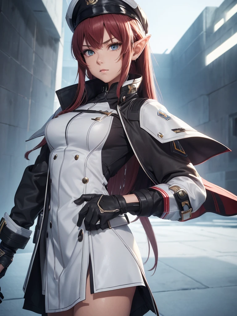 masterpiece, best quality, 8k, (highly detailed 3D rendering of a character named Ulc from SEGA's PSO2), elf-like female with pointed ears, (small gray woman's Garrison cap), (long straight dark red hair), (gray futuristic military-style uniform, including a fitted jacket with intricate white designs, shoulder epaulets, and a skirt), (annoyed, stupefied), (one hand near her ear as if she is communicating through a device), looking away, sunshine, (shiny skin)