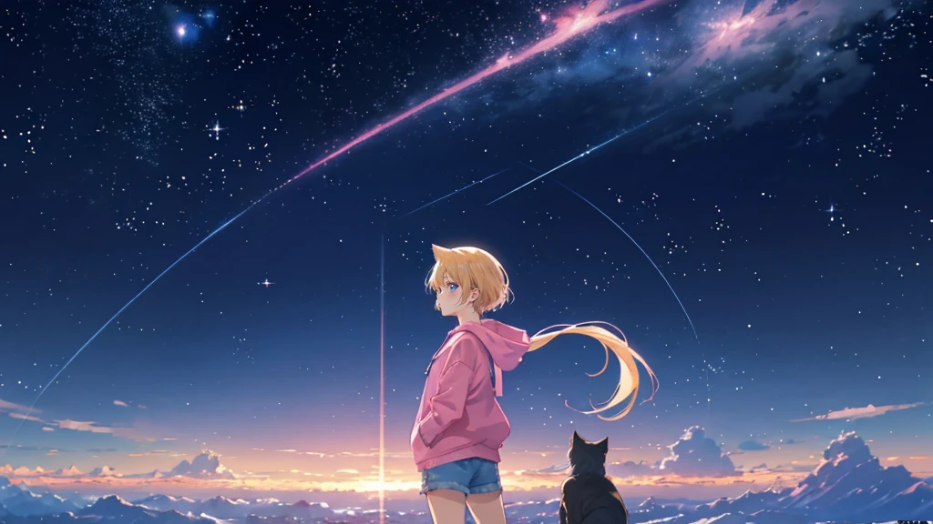 Pink hoodie、Beautiful sky anime scene with stars and planets, Space Sky. by Makoto Shinkai, anime art wallpaper 4k, anime art wallpaper 4k, Anime Art Wallpapers 8K, anime wallpaper 4k, anime wallpaper 4k, 4k anime wallpaper, Anime Sky, Awesome Wallpapers, Anime Background, Heavenly planets in the background, Anime Background art no humans landscape、Blonde、Shortcuts、Pink hoodie、Denim shorts、Black sneakers、Cat ear