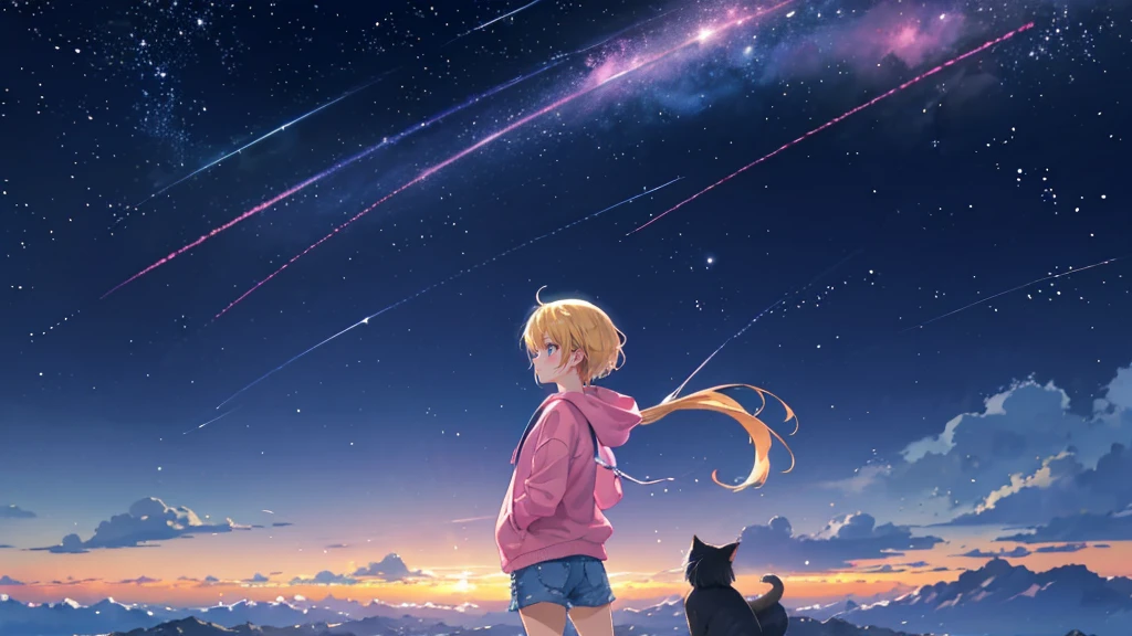 Pink hoodie、Beautiful sky anime scene with stars and planets, Space Sky. by Makoto Shinkai, anime art wallpaper 4k, anime art wallpaper 4k, Anime Art Wallpapers 8K, anime wallpaper 4k, anime wallpaper 4k, 4k anime wallpaper, Anime Sky, Awesome Wallpapers, Anime Background, Heavenly planets in the background, Anime Background art no humans landscape、Blonde、Shortcuts、Pink hoodie、Denim shorts、Black sneakers、Cat ear