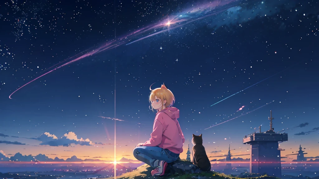 Pink hoodie、Beautiful sky anime scene with stars and planets, Space Sky. by Makoto Shinkai, anime art wallpaper 4k, anime art wallpaper 4k, Anime Art Wallpapers 8K, anime wallpaper 4k, anime wallpaper 4k, 4k anime wallpaper, Anime Sky, Awesome Wallpapers, Anime Background, Heavenly planets in the background, Anime Background art no humans landscape、Blonde、Shortcuts、Pink hoodie、Denim shorts、Black sneakers、Cat ear