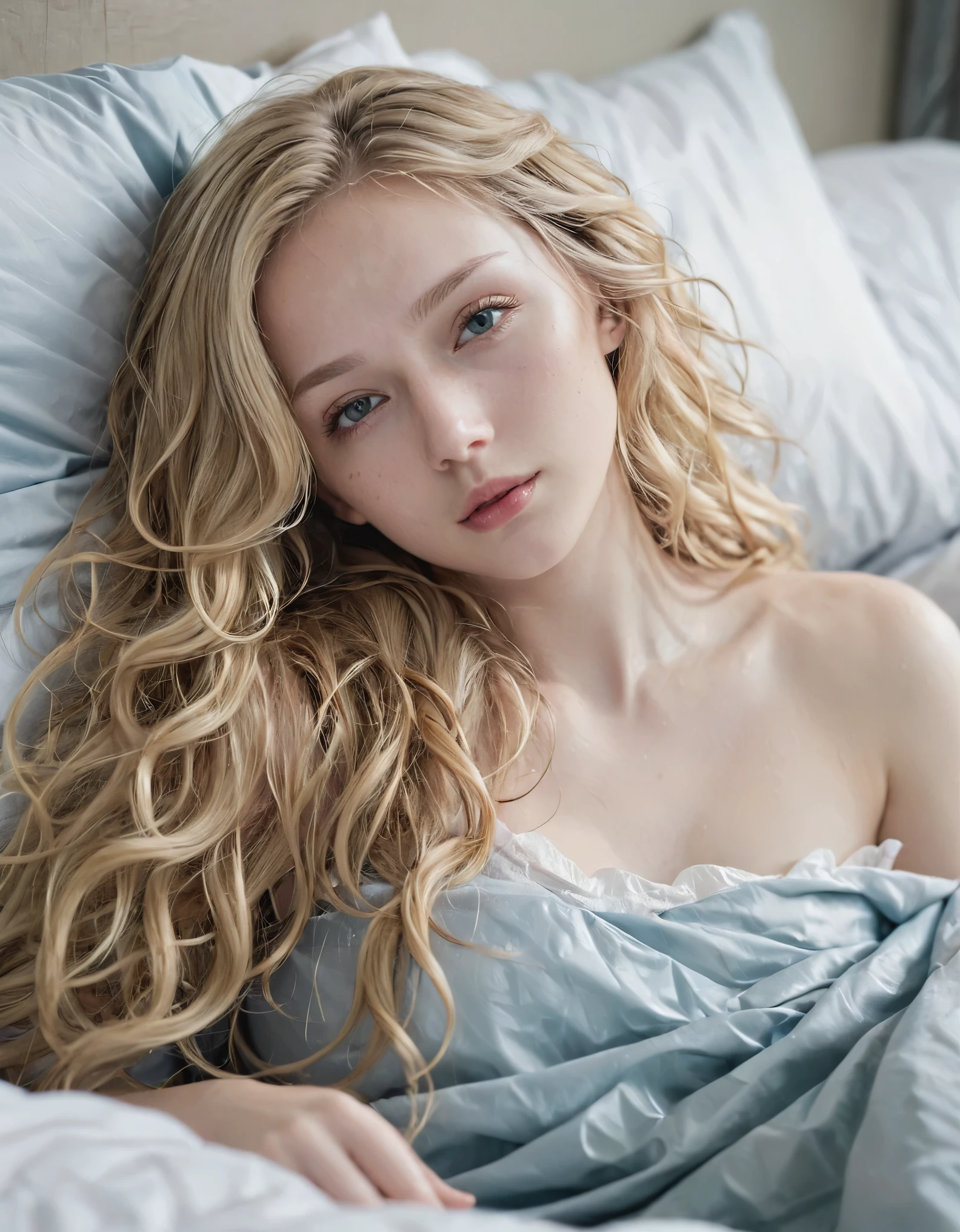 Blonde Girl, alone, (25 years old:1.3), beautiful woman, (Blonde extra long wavy hair:1.3), Detailed face:1.2), ((Detailed face特徵:1.3)), Delicate skin, pale skin, ((portrait:1.3)), wrapped in a paper, Bedroom environment, (Lying in bed:1.3), (Cool color scheme:1.2), wet, Reflective surface, (actual:1.3), (High resolution:1.3), ((Realistic:1.4)), masterpiece, real details, 