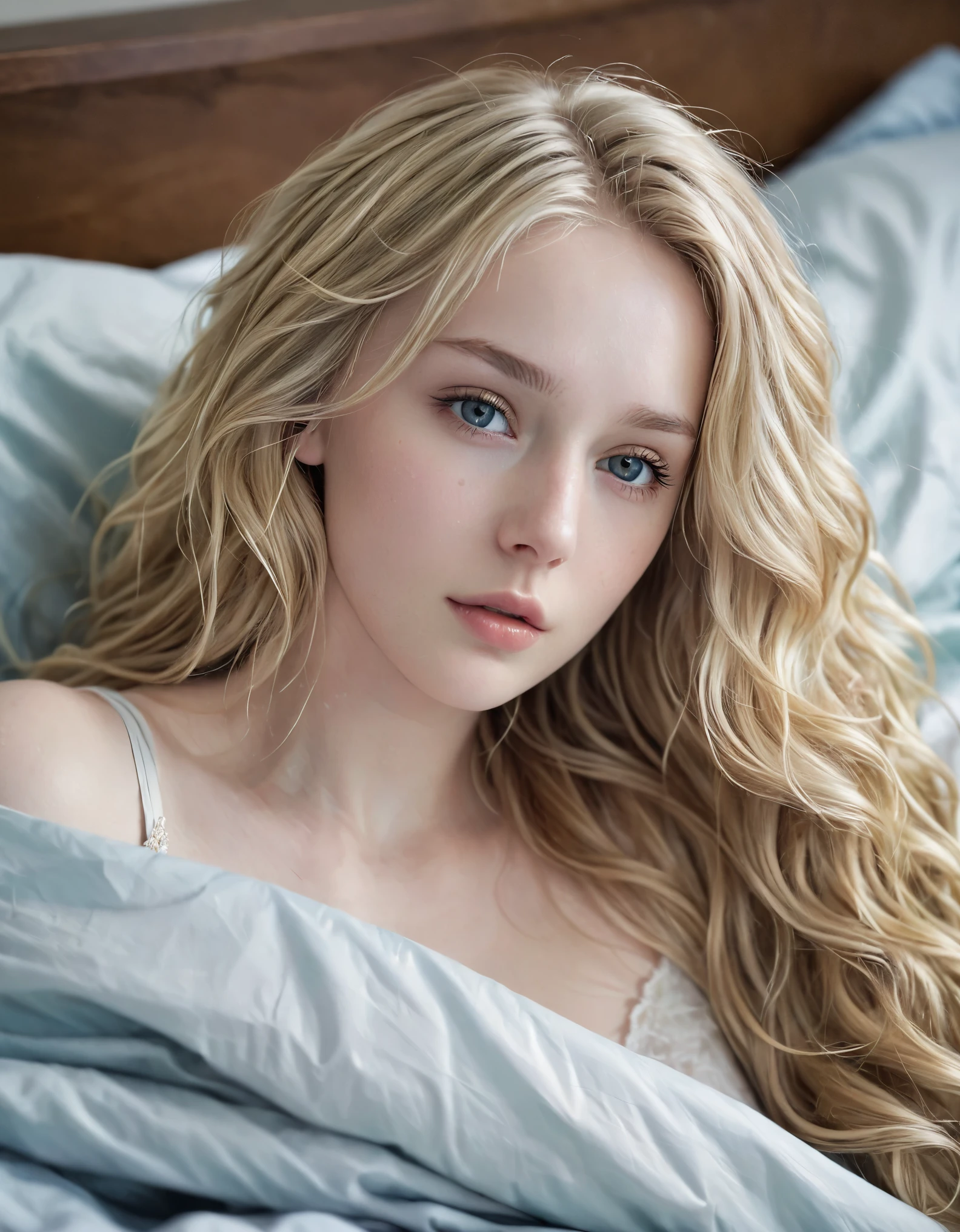 blonde girl, alone, (25 years old:1.3), beautiful woman, (Blonde extra long wavy hair:1.3), Detailed face:1.2), ((Detailed face features:1.3)), Delicate skin, pale skin, ((portrait:1.3)), wrapped in a paper, Bedroom environment, (Lying in bed:1.3), (Cool color scheme:1.2), wet, Reflective surface, (current:1.3), (High resolution:1.3), ((Realistic:1.4)), masterpiece, real details, 