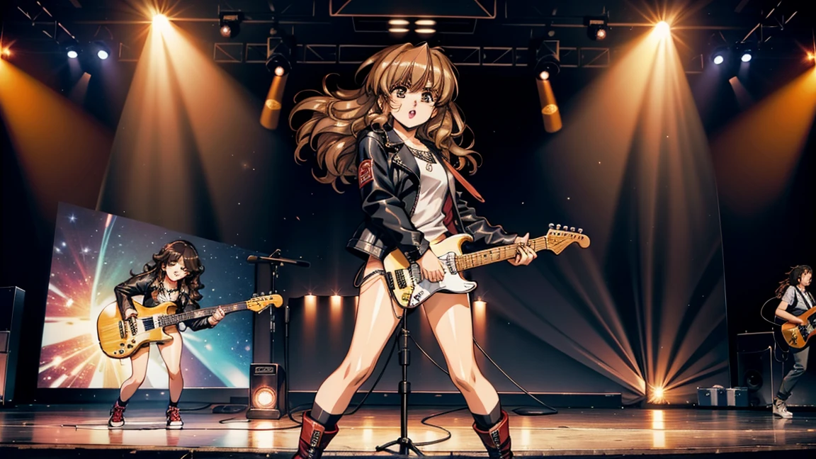 A young girl playing a guitar. She has medium-length, wavy hair and is dressed in a rock-style outfit with a leather jacket. The scene is set on a small stage with colorful lights and a microphone stand. The girl is energetic and passionate, standing as she plays her electric guitar. The atmosphere is dynamic and exciting.