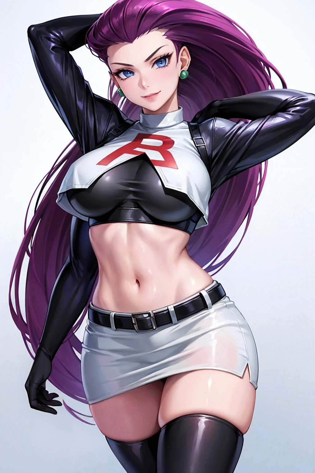 Masterpiece, stunning realistic, best quality, sharpness, 1 girl ,jessie pokemon, solo, team rocket, gloves, hair slicked back, long hair, jewelry, skirt, navel, thighhighs, earrings, elbow gloves, team rocket uniform, crop top, blue eyes, midriff, white background, belt, black gloves, very long hair, simple background, smile, black thighhighs, purple hair, looking at viewer, breasts, white skirt, miniskirt,large breasts,standing in a city,arms behind head ,shirt lift and pants pull up,(shirt lift:1)cute bra