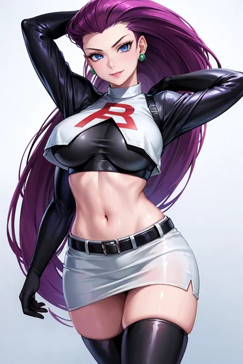 masterpiece, stunning realistic, best quality, sharpness, 1 girl ,jessie pokemon, solo, team rocket, gloves, hair slicked back, ...