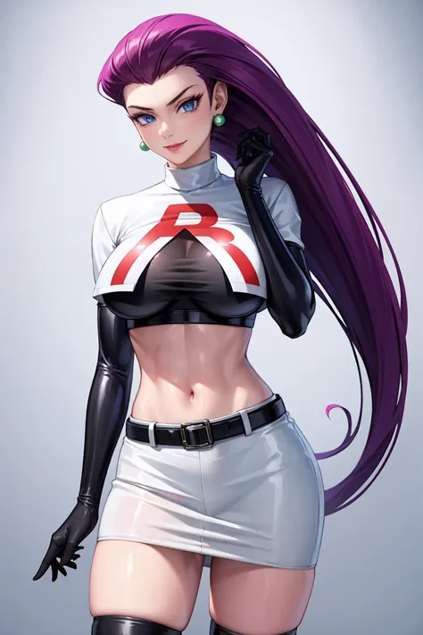 masterpiece, stunning realistic, best quality, sharpness, 1 girl ,jessie pokemon, solo, team rocket, gloves, hair slicked back, ...