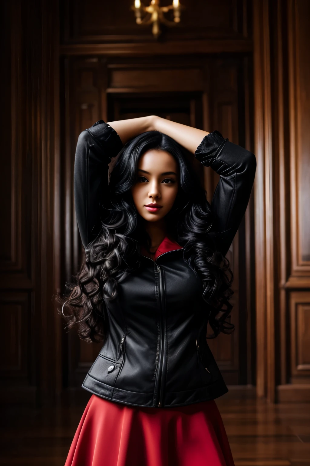 Woman, long curly black hair, medium bust, wide-legged, legs thick, Black jacke, long red skirt, blackstockings, hands on your head, looking at the camera, photorrealistic