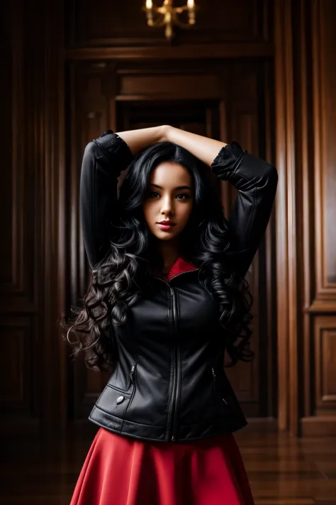 Woman, long curly black hair, medium bust, wide-legged, legs thick, Black jacke, long red skirt, blackstockings, hands on your h...