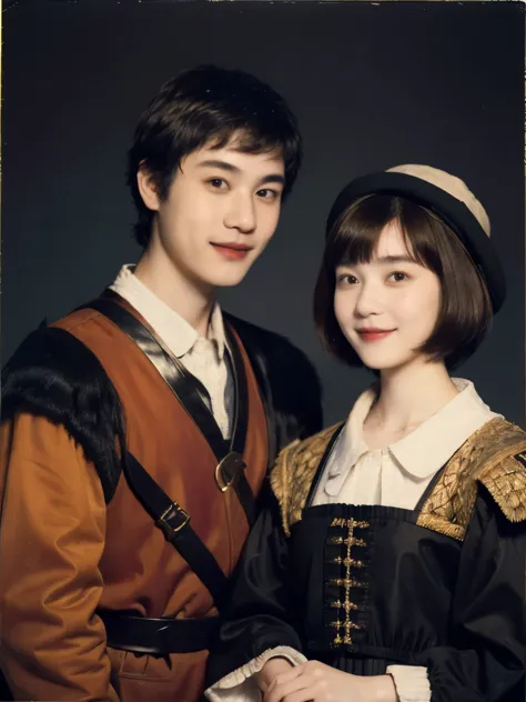 252 (An 18-year-old female and an 18-year-old male), (short hair),kind, lipstick, (Rembrandt-style painting), smile
