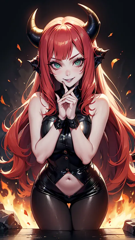 ((cute, innocent smile, shy)), succubify, (pale skin:1.3), demon horns, demon tail, demon wing (black lips:1.2), red hair, green...