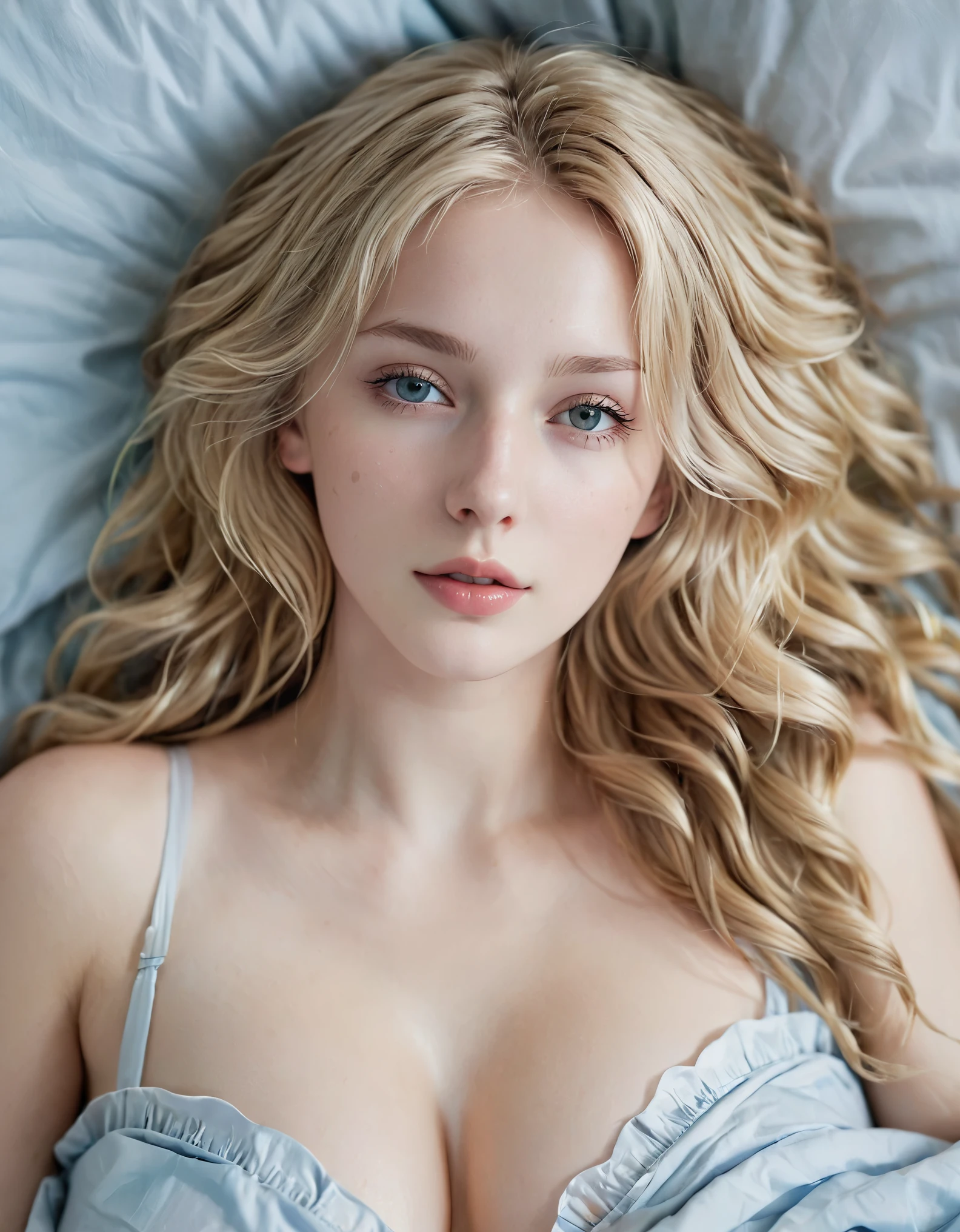 blonde girl, alone, (25 years old:1.3), beautiful woman, (Blonde extra long wavy hair:1.3), Detailed face:1.2), ((Detailed face features:1.3)), Delicate skin, pale skin, ((portrait:1.3)), wrapped in a paper, Bedroom environment, (Lying in bed:1.3), (Cool color scheme:1.2), wet, Reflective surface, (current:1.3), (High resolution:1.3), ((Realistic:1.4)), masterpiece, real details, breast, seductive, shallow depth of field