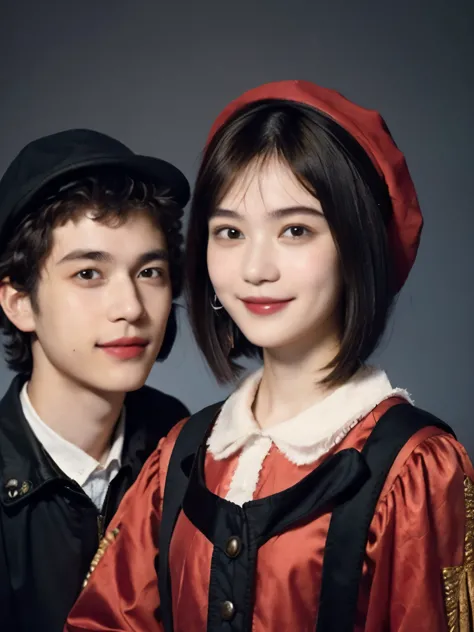 252 (An 18-year-old female and an 18-year-old male), (short hair),kind, lipstick, (Rembrandt-style painting), smile