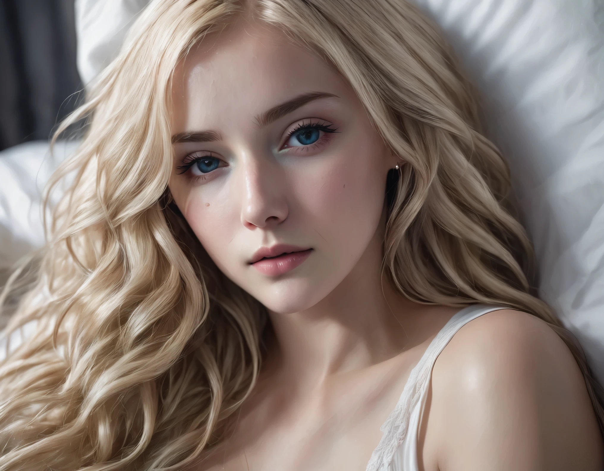 blonde girl, alone, (25 years old:1.3), beautiful woman, (Blonde extra long wavy hair:1.3), Detailed face:1.2), ((Detailed face features:1.3)), Delicate skin, perfect skin, ((portrait:1.3)), wrapped in a paper, Bedroom environment, (Lying in bed:1.3), (Cool color scheme:1.2), wet, Reflective surface, (current:1.3), (High resolution:1.3), ((Realistic:1.4)), masterpiece, real details,