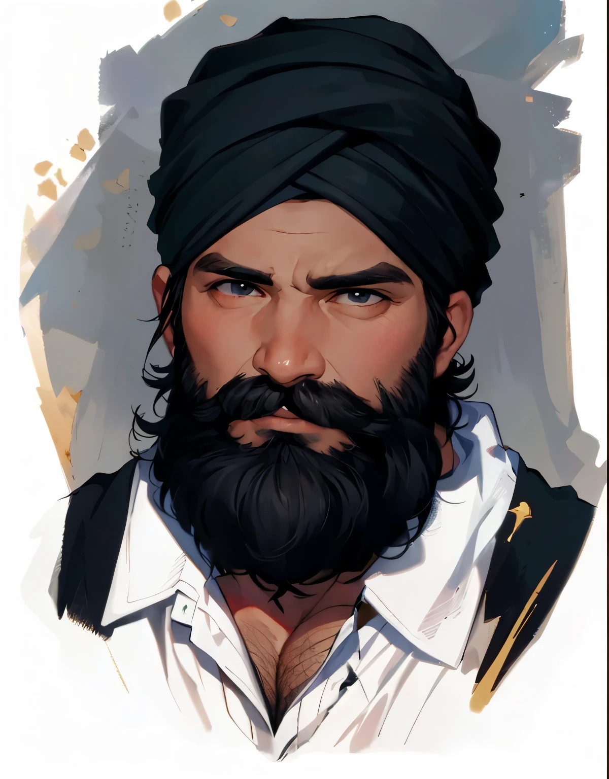 Masterpiece, Best Quality, Ultra-Detailed, 1man, mature male, rugged man, strong, hunk, turban, blue turban, dark blue turban, black beard, thick beard, long beard, stubble, Medium Close-up, Masculine, 45yo middle-aged, 1man, dg_Mark, encouraging facial expression, muscular, dad bod, social shirt, white shirt, black cloak