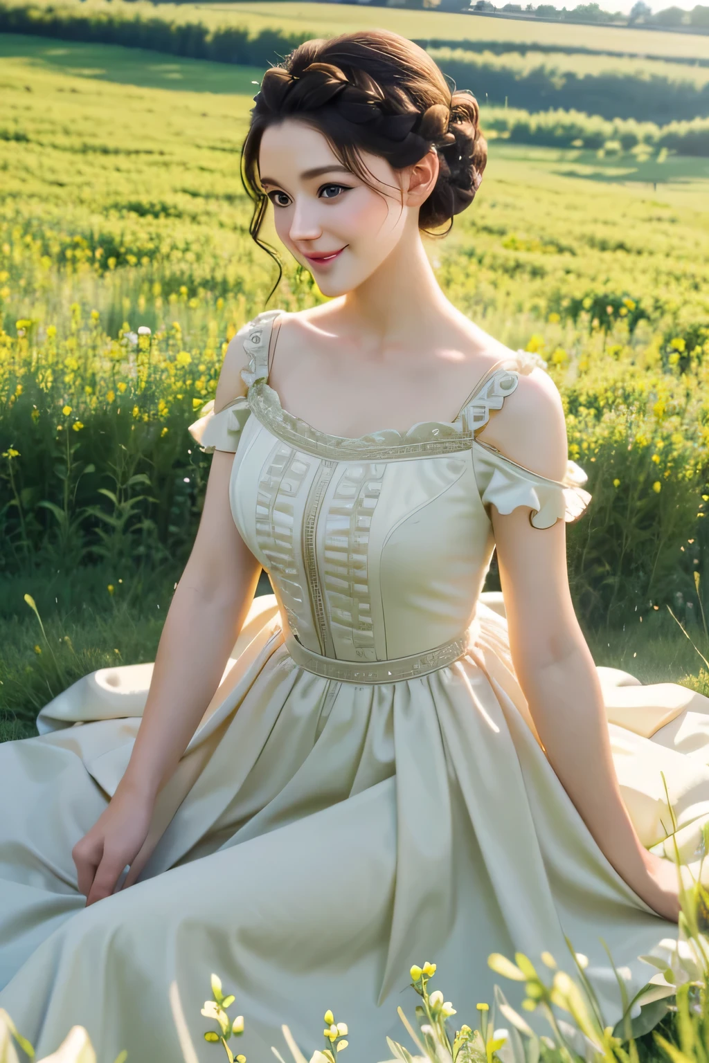 ((masterpiece, best quality))
 Asa Ebi, 1 woman, alone, brown hair, green eyes, hair updo, in a wildflower field, wearing a flowing dress, smiling