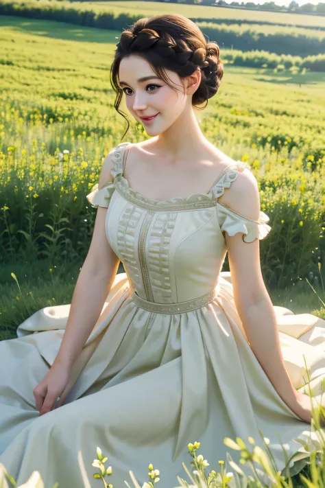 ((masterpiece, best quality))
 asa ebi, 1 woman, alone, brown hair, green eyes, hair updo, in a wildflower field, wearing a flow...