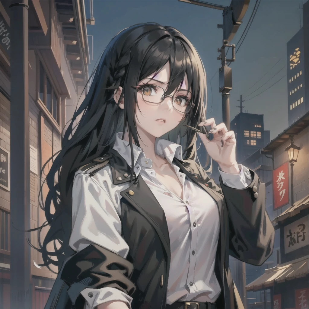 Anime style, female with long black hair, sharp eyes, round glasses, short shotgun with both hands, wearing a black trench coat with a white shirt, flat chest, dim background, standing under a street lamp