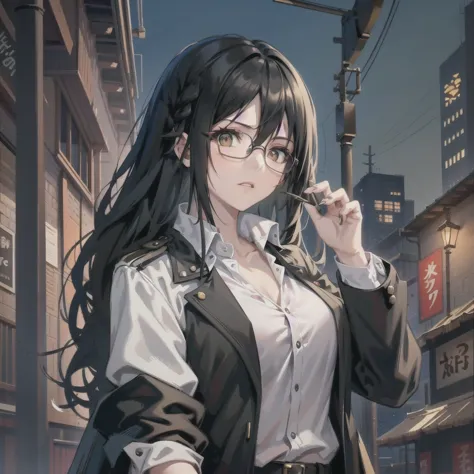 anime style, female with long black hair, sharp eyes, round glasses, short shotgun with both hands, wearing a black trench coat ...