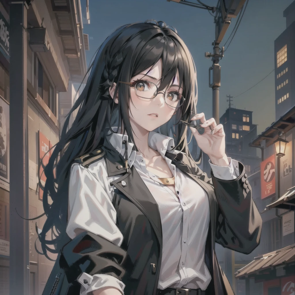 Anime style, female with long black hair, sharp eyes, round glasses, short shotgun with both hands, wearing a black trench coat with a white shirt, flat chest, dim background, standing under a street lamp