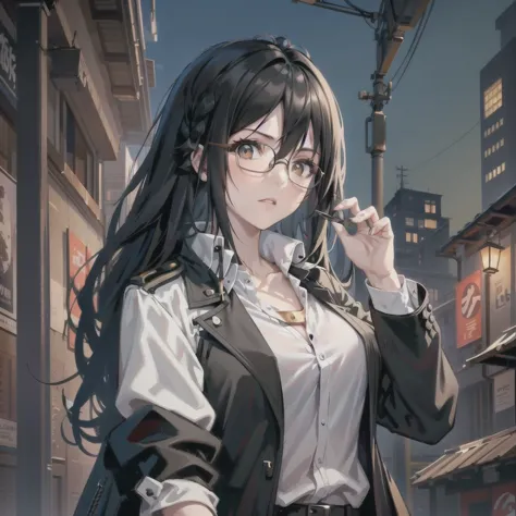 anime style, female with long black hair, sharp eyes, round glasses, short shotgun with both hands, wearing a black trench coat ...