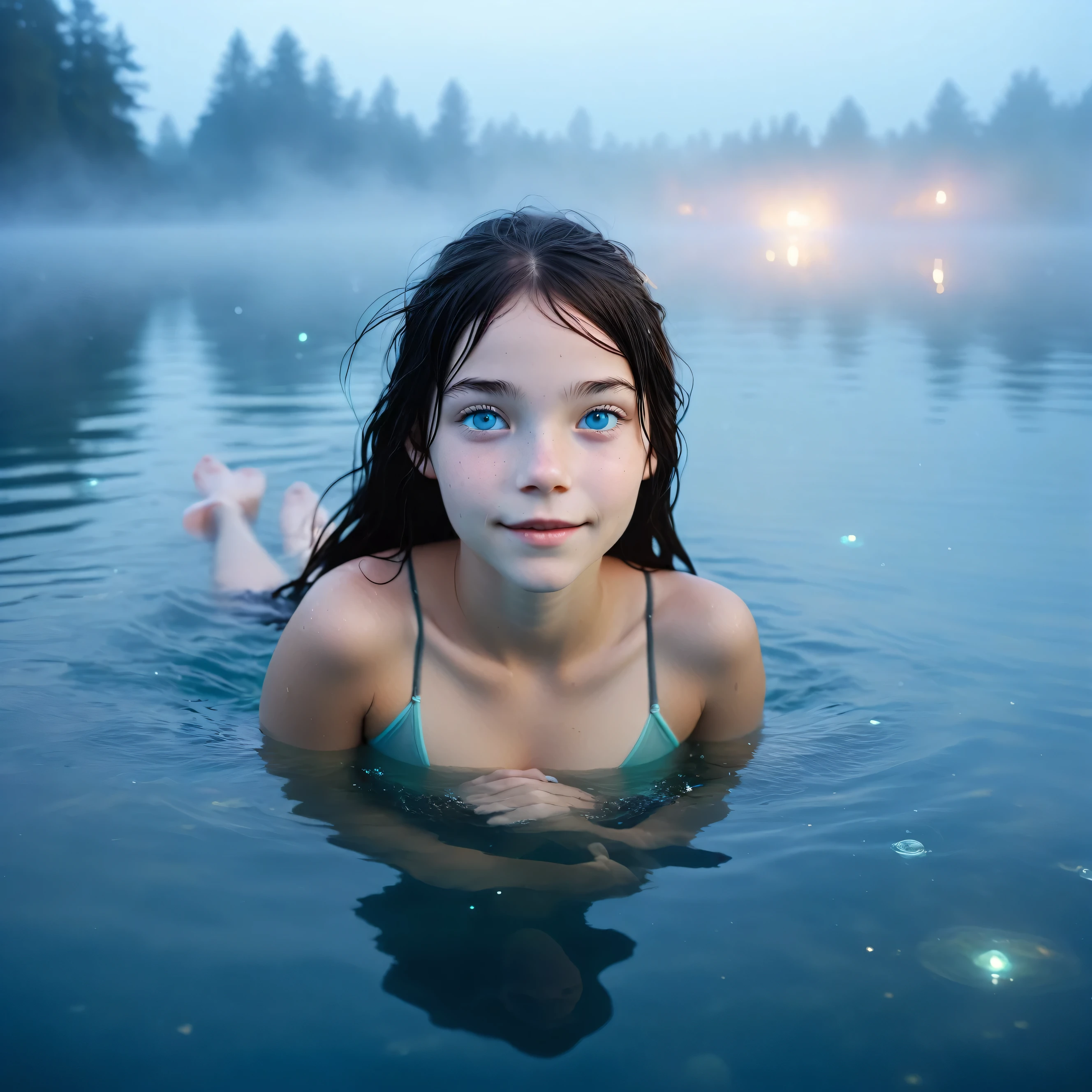 DSLR-Foto, ein 20-jähriges nordisches Mädchen schwimmt in einem mystischen See,  in die Kamera schauen, zarte helle azurblaue Augen,  Nachtzeit,  Ätherisch , whymsical, unheimliche Zähne.schwarzes Haar