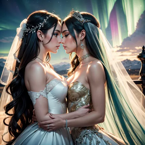 (masterpiece, highest quality, official art, beauty and aesthetic), two stunning bride is deeply in love with each other, kiss, ...