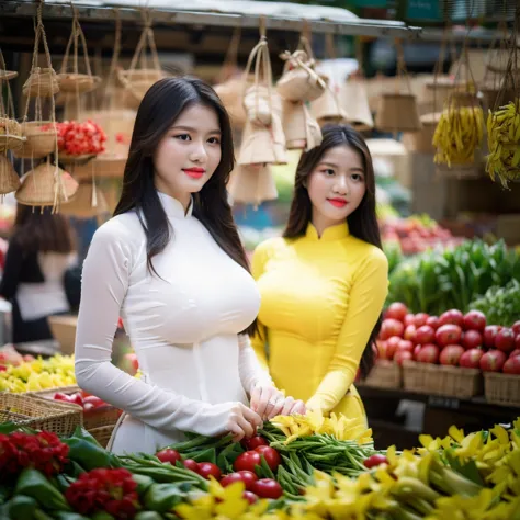 ((Red Ao Dai with yellow patterns, big breasts, beautiful breasts, located at the market, 8k quality photo with good details))