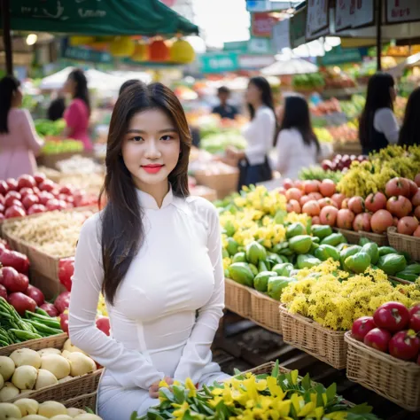 ((Red Ao Dai, big breasts, beautiful breasts, sitting in the middle of the market with many people around, 8k quality photo with...