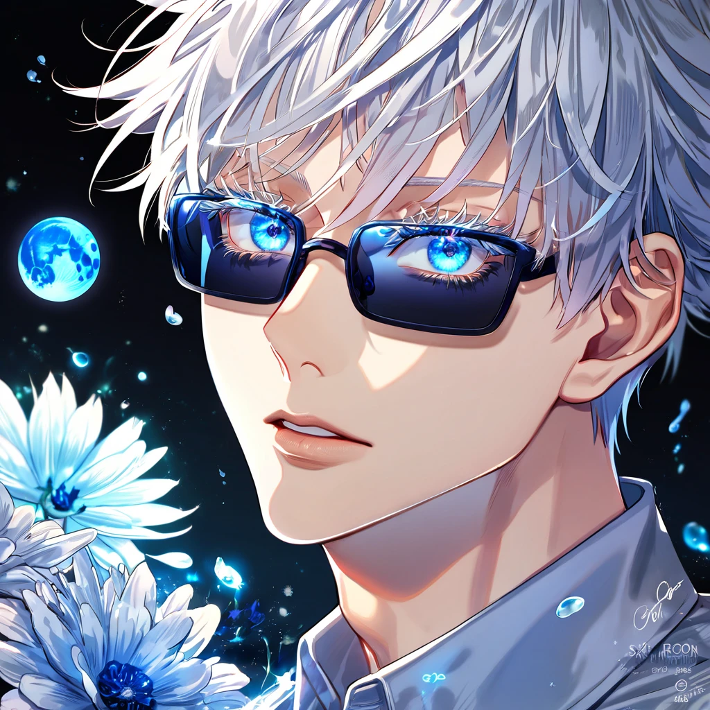 absurdres, highres, ultra detailed, HDR, master piece, Gojou Satoru, white hair with bangs, expressive blue eyes, white eyelashes, light blue dress shirt, black rectangular sunglasses, Jujutsu Kaisen, sexy man, handsome, best quality, blue moon, flowers, fantasy, magical, solo, water, blue shining fireflies, blue petals