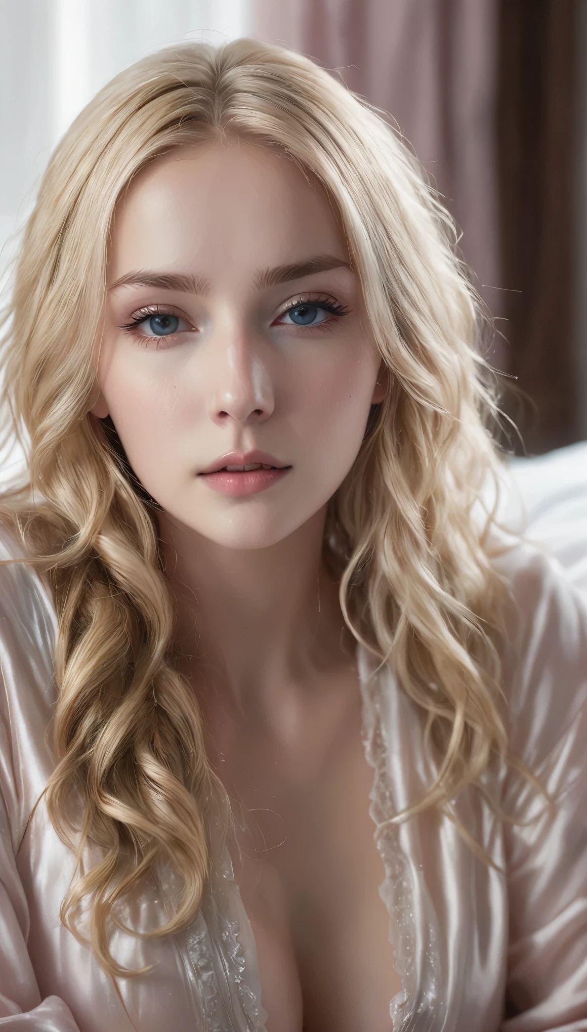 blonde girl, alone, (25 years old:1.3), beautiful lady, (Blonde extra long wavy hair:1.3), Detailed face:1.2), ((Detailed face features:1.3)), Delicate skin, perfect skin, charming breast, ((portrait:1.3)), wrapped in a silk cloth, Bedroom environment, (Lying in bed:1.3), (Cool color scheme:1.2), wet, tired, light blush, Reflective surface, (current:1.3), (High resolution:1.3), ((Realistic:1.4)), masterpiece, real details, shallow depth of field